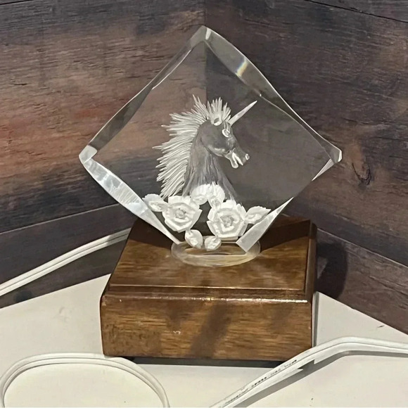 Unicorn Crystal Glass Laser Etched Hologram Lighted Wooden Base Plug In Triangle - Picture 5 of 11